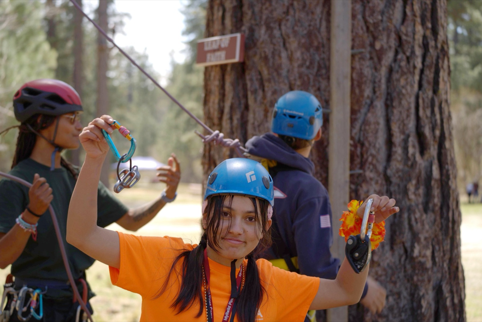Students gearing up for the ropes course