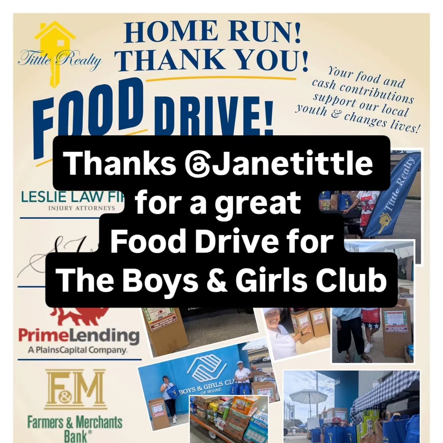 Food Drive for the Boys & Girls Club thank-you collage with donated food and sponsors